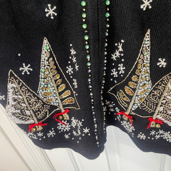 Tiara International Small Black Christmas Sweater Beaded Embroidery Sequin Bell - Picture 2 of 8